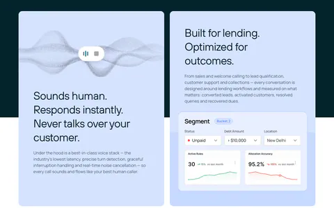 Rezolv features section: two light blue cards, one with a voice waveform and one with a segment dashboard UI with charts