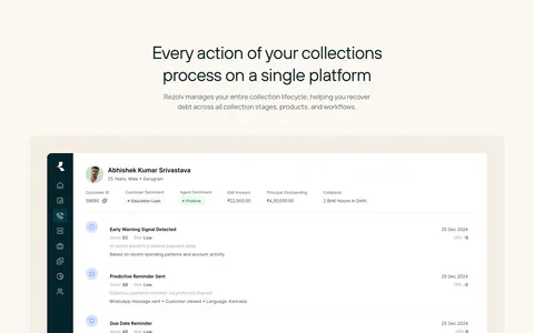 Rezolv features section: centered headline above a large collections dashboard screenshot showing a borrower timeline on cream