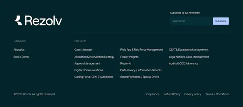 Rezolv footer section: wordmark and newsletter email field above company and platform link columns on a dark teal background