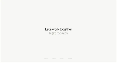 Robin Humphreys footer section: centered Let's work together line with an email address and a row of social links on an off-white card