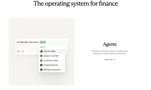 Rogo features section: serif heading above an agent picker UI mockup on the left and Agents text with a link on the right