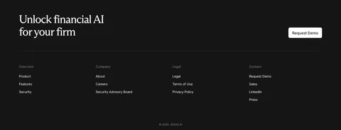 Rogo footer section: serif CTA headline with demo button above four link columns and a copyright line on a dark background