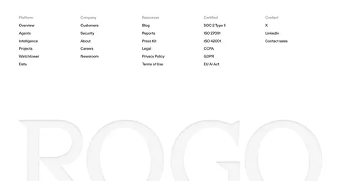 Rogo footer section: five link columns on white above a huge faint gray serif ROGO wordmark