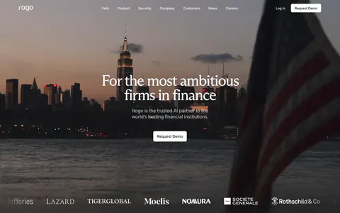 Rogo hero section: centered serif headline and demo button over a full-bleed dusk photo of a city skyline, logo strip at the bottom