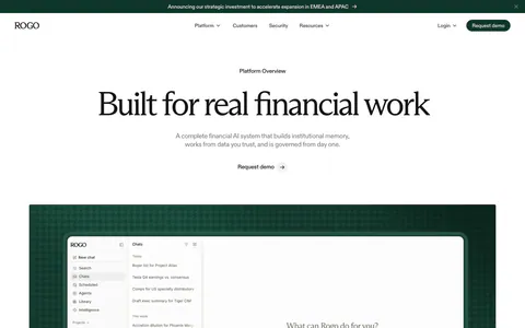 Rogo hero section: announcement bar, nav, centered serif headline and demo link above a chat app screenshot on dark green
