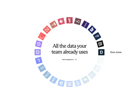 Rogo integrations section: centered serif headline inside a ring of colored data provider app icons fading to light blue