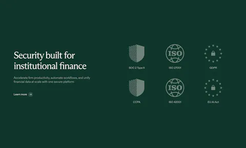 Rogo security section: serif headline on dark green beside a grid of six compliance badges such as SOC 2, ISO and GDPR