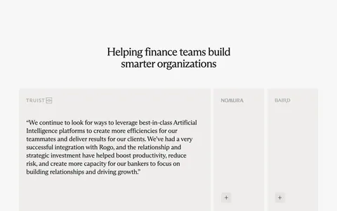 Rogo testimonials section: centered serif headline above one expanded quote card and two collapsed cards with company logos