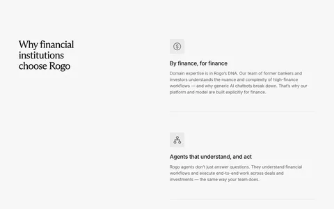Rogo value proposition section: serif headline on the left, five stacked benefit rows with icons and descriptions on the right