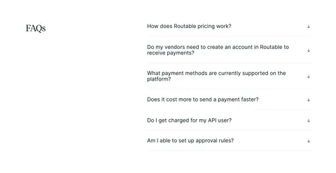 Routable FAQ section: serif FAQs heading on the left beside a six-question accordion with arrow toggles on a white background