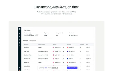 Routable features section: centered serif headline above a payments summary dashboard screenshot and three feature columns on white