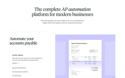 Routable features section: centered serif headline above a feature list and a lavender panel with an invoice scanning mockup