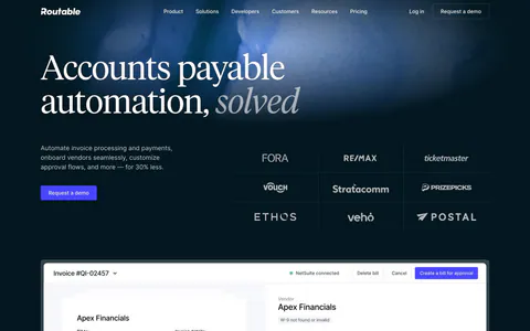 Routable hero section: serif headline and demo button beside a customer logo grid, above an invoice approval screenshot on dark navy