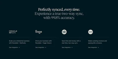 Routable integrations section: centered serif headline above four columns with NetSuite, Sage, QuickBooks and Xero logos on dark