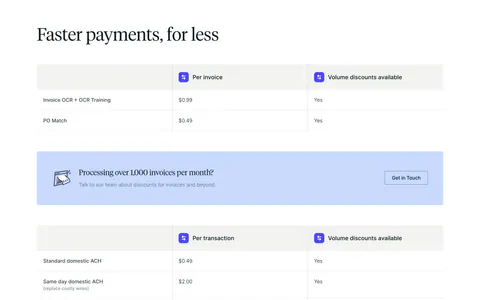 Routable pricing section: serif headline above per-invoice and per-transaction fee tables with light blue contact banners on white