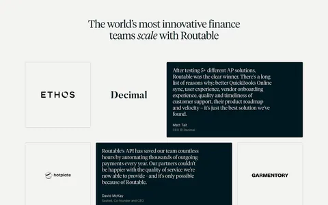 Routable testimonials section: serif headline over a grid of logo tiles and dark quote cards, with four savings metrics below on light gray