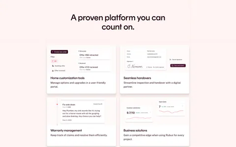 Rubus features section: centered headline above a bento grid of feature cards with UI snippets and a collaboration diagram on pale pink