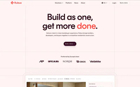 Rubus hero section: centered headline and demo button above a customer logo row and a home customization app screenshot on pale pink