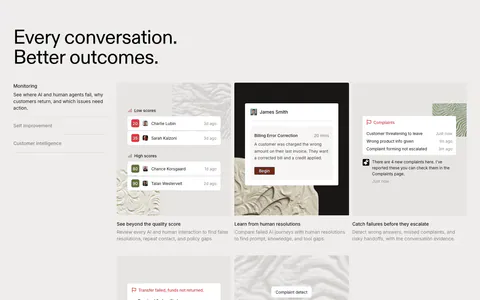 Rulebase features section: left-aligned headline, vertical tab list and a grid of five cards with scoring and complaint UI on textured tiles