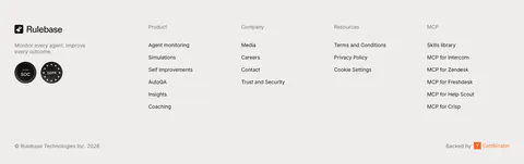 Rulebase footer section: logo, tagline and compliance badges beside four link columns, with copyright and Y Combinator note on light gray