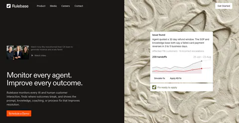 Rulebase hero section: split layout with headline and orange demo button on a dark panel beside a carved plaster texture with an issue-alert UI card