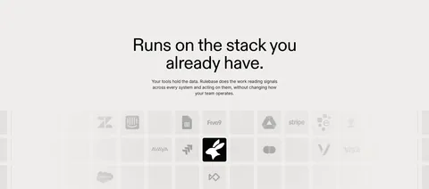 Rulebase integrations section: centered headline and copy above a fading grid of grayscale app logo tiles like Zendesk, Stripe and Visa