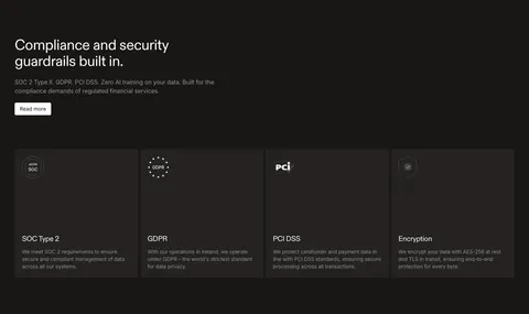 Rulebase security section: left-aligned headline and Read more button above four dark cards for SOC 2, GDPR, PCI DSS and encryption