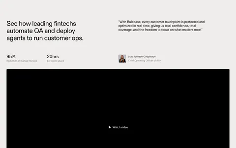 Rulebase testimonials section: headline with two stats beside a customer quote and avatar, above a large black video player