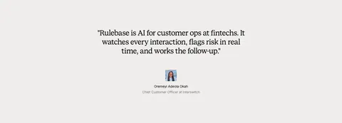 Rulebase testimonials section: centered serif customer quote with a small avatar, name and title on a light gray background