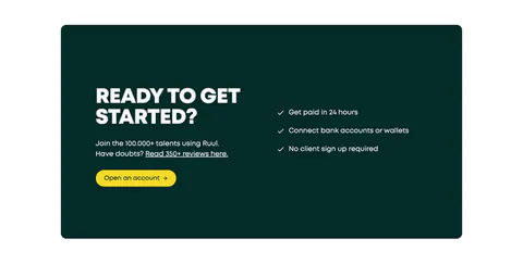 Ruul call-to-action section: bold uppercase headline, copy and yellow button beside a three-item checklist in a dark green card