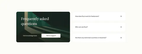 Ruul FAQ section: dark green image card with serif headline and buttons on the left, three collapsed question rows on the right
