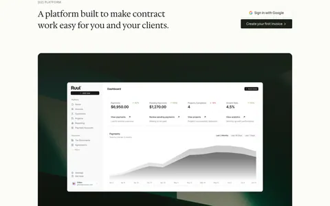 Ruul features section: serif headline with two buttons above a dashboard screenshot on a dark green textured panel