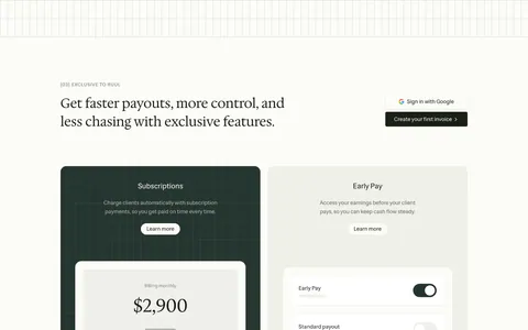 Ruul features section: serif headline above three feature cards in dark green, gray and lime with payout and toggle UI mockups