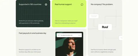 Ruul features section: bento grid of benefit tiles in dark green, lime and warm gray, with a portrait photo and a node diagram