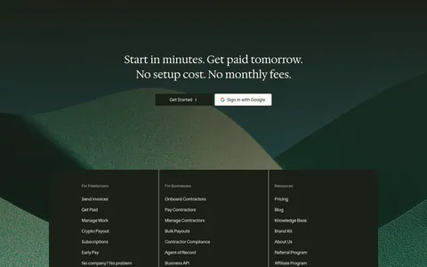 Ruul footer section: serif CTA over dark green hills artwork, with a dark panel of link columns and a large Ruul wordmark