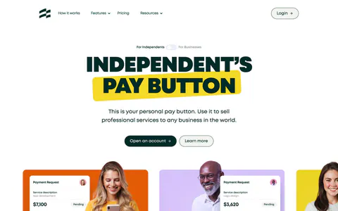 Ruul hero section: centered uppercase headline with yellow highlight above colored cards pairing people photos with payment request UI