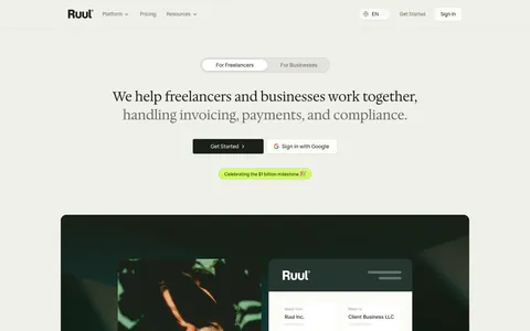Ruul hero section: audience toggle and centered serif headline above a dark green panel with a portrait photo and invoice UI card