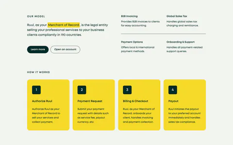 Ruul how it works section: Merchant of Record statement and four feature notes above four numbered yellow step cards on light gray