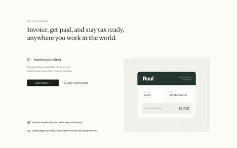 Ruul how it works section: serif headline above three numbered rows with text left and UI cards on grid panels right, plus a flags strip