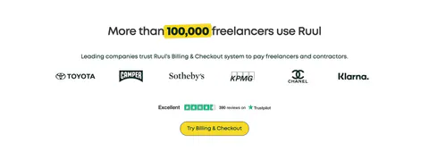 Ruul logo cloud section: centered headline with yellow highlight above a row of brand logos, a Trustpilot rating and a yellow button