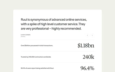 Ruul testimonials section: white card with a large quote and arrow controls above three rows of large serif stats on beige