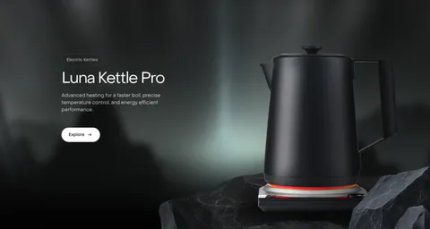 Saki features section: headline, copy and Explore button on the left beside a black kettle on a rock over a dark misty photo background