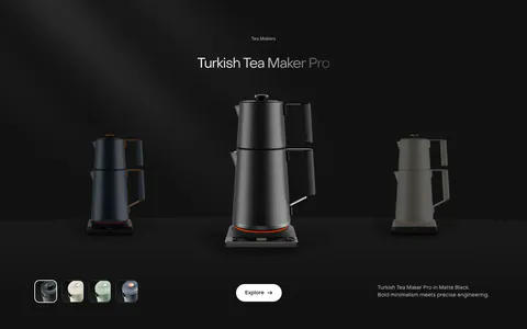Saki features section: centered product name above a black tea maker flanked by dimmed variants, color swatches and an Explore button on black