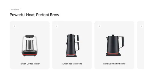 Saki features section: headline above a row of numbered product cards showing kettles and coffee makers, with a fourth card cut off at the edge