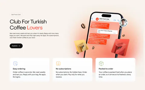 Saki features section: headline and copy left of a phone chat mockup with coffee bags, above three benefit cards on a warm cream background