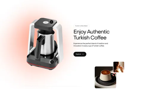 Saki features section: coffee maker product shot beside headline and Explore button, then two product cards with coffee packaging boxes