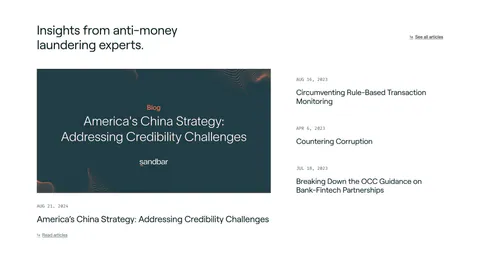 Sandbar blog & resources section: headline above a featured article card on the left and a dated list of three articles on the right