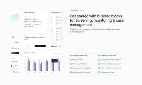 Sandbar features section: product UI collage of forms and a bar chart on the left, headline and two-column checklist on the right