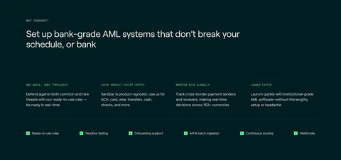 Sandbar features section: left-aligned headline above four benefit columns and a row of checklist items on a dark teal background