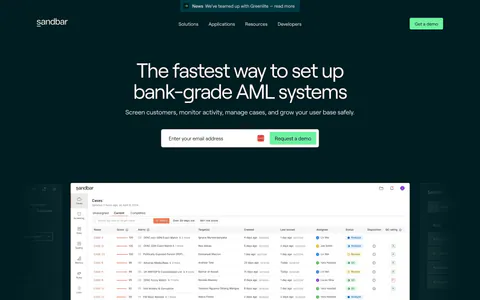 Sandbar hero section: centered headline with email demo form above an AML cases table screenshot and a logo row on dark teal